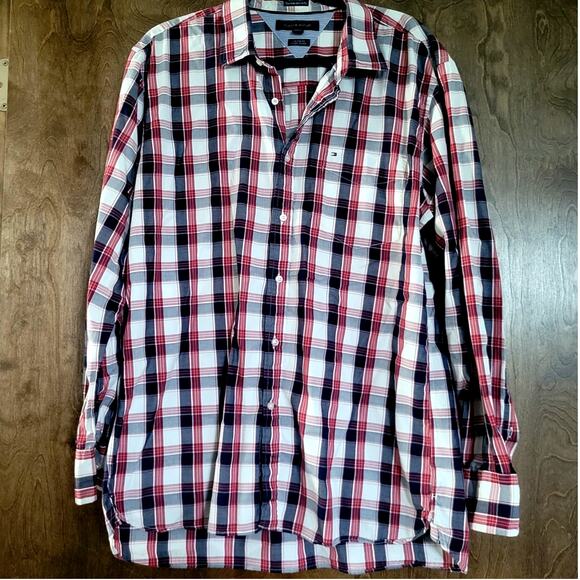 Tommy Hilfiger Men’s XL Red White Navy Striped Button Down Shirt Excellent - Picture 1 of 11